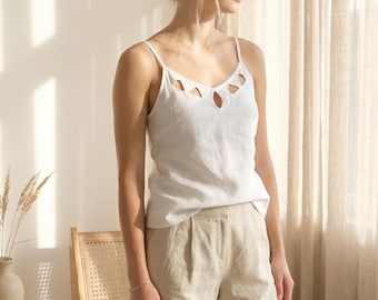 Linen Camisole with Cutouts, Customizable Summer Tank Top, Natural Breathable Linen