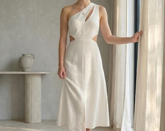 One Shoulder Linen Midi Dress, Asymmetric Cutout, Custom Wedding Guest Sundress
