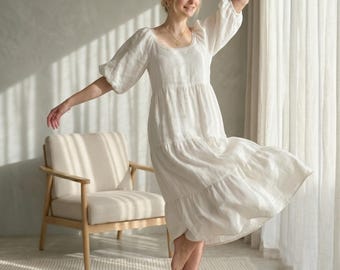 Linen Midi Dress, Puff Sleeves, Tiered Skirt, Cottagecore Wedding, Custom Fit