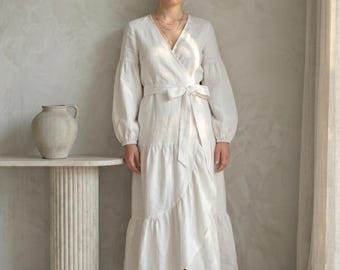 Customizable Linen Wrap Midi Dress, Puff Sleeve Ruffle Hem, Romantic Cottagecore Style