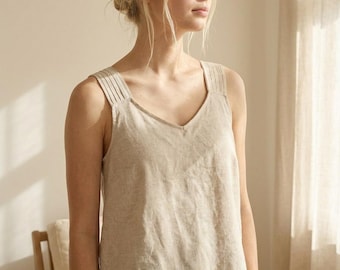 Linen Tank Top, Pleated Straps, Customizable Camisole, Minimalist Summer Blouse