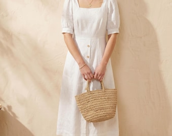 Linen Midi Dress, Square Neck Puff Sleeve, Button Down, Cottagecore Style, Custom Fit