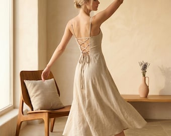 Robe midi en lin, Lacets dans le dos, Encolure carrée, Vêtements de vacances d'été