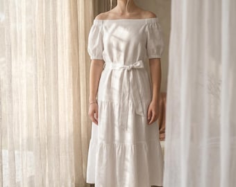 Tiered Linen Midi Dress, Off-Shoulder Puff Sleeve, Cottagecore Style with Belt