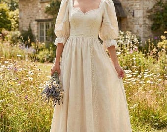 Linen Maxi Dress, Lace Trim, Puff Sleeve, Cottagecore Wedding, Boho Style