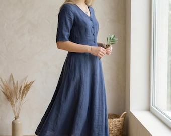 Custom Linen Midi Dress, V-Neck Button Down with Pockets, Sustainable Summer Clothing