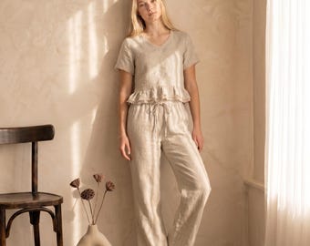 Lace Trim Linen Lounge Set, Boho Peplum Top and Wide Leg Pants
