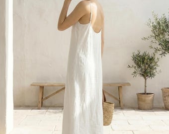 White Linen Maxi Slip Dress, Spaghetti Strap Backless, Summer Beach Wedding