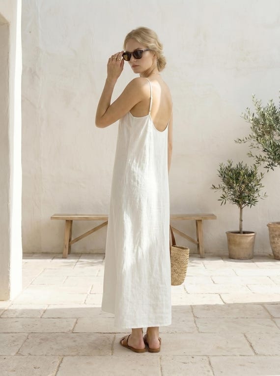 White Linen Maxi Slip Dress, Spaghetti Strap Backless, Summer Beach Wedding