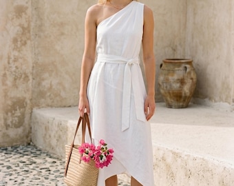 One Shoulder Linen Midi Dress, Asymmetric Hem, Custom Made Resort Wear