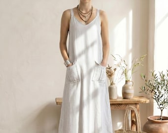 Customizable Linen Midi Dress, Minimalist Summer Sleeveless Handmade Clothing