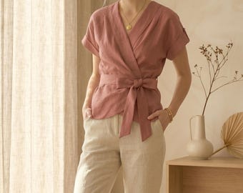 Custom Linen Wrap Top, Short Sleeve Blouse, Vintage Inspired Shirt