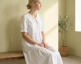 Linen Peter Pan Collar Midi Dress, Lace Trim Tiered Cottagecore Summer Style