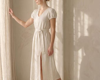 Linen Midi Dress, Puff Sleeves, V-Neck, Tie-Waist, Customizable Summer Clothing