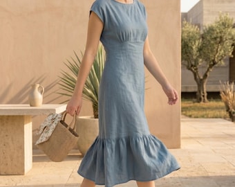 Linen Midi Dress, Ruffle Hem, Custom Made, Sustainable Summer Clothing
