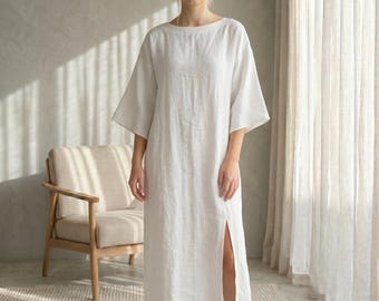 Customizable Natural Linen Midi Dress, Handmade Beachwear Tunic, Made to Measure Clothing