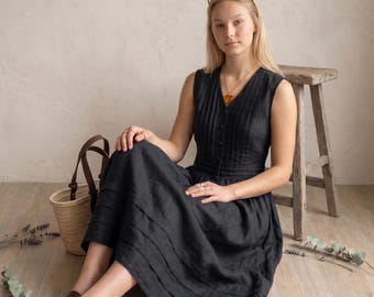 Custom Linen Pinafore Dress, Pintuck Midi, Cottagecore Mori Style, Artisan Pleated, V-Neck, Natural Fabric