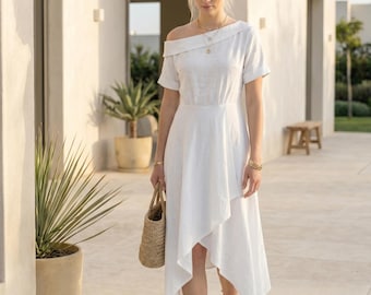 Off Shoulder Linen Midi Dress, Asymmetric Hem, Custom Made Summer Wedding Guest Dress