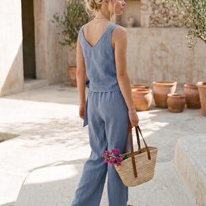 100% Natural Linen Wrap Top and Wide Leg Pants Set, Custom Fit Resort Wear image 4