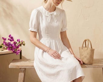 Linen Midi Dress, Peter Pan Collar, Bow Tie Detail, Cottagecore Style