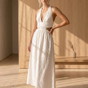 sexy white linen dress 100% Italian Linen. White Sexy Dress. Hooded Tunic. Women's Casual Dress With Pockets