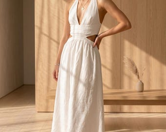 Halter Linen Midi Dress, Cut-Out Waist, Backless, Summer Resort Wear, Custom Fit