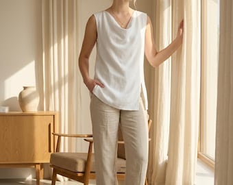 Custom Linen Cowl Neck Top, Sleeveless Minimalist Tank, Natural Breathable Clothing