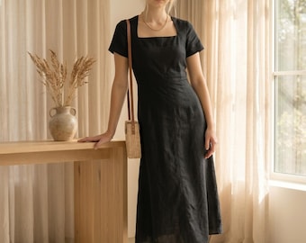 Customizable Black Linen Midi Dress, Square Neck, Short Sleeve, Summer Sundress