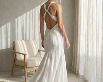 Linen Midi Dress, Criss-Cross Back, Mermaid Skirt, Customizable Summer Sundress, Criss Cross Back Dress