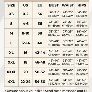 May include: A size chart table titled WOMEN'S SIZE CHART (Body Measurements Only) listing sizes from XS to 4XL with corresponding US and EU sizes, plus bust, waist, and hip measurements in inches and centimeters. Includes a note about assistance.