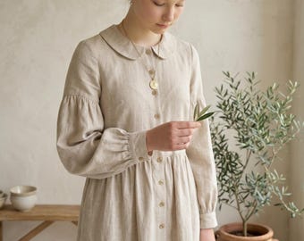 Custom Linen Midi Dress, Long Puff Sleeve, Peter Pan Collar, Cottagecore Style