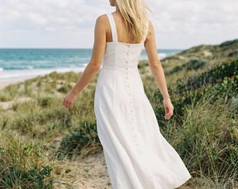 Custom Linen Midi Dress, Button Back, Sleeveless, Minimalist Summer Clothing, Personalized Fit