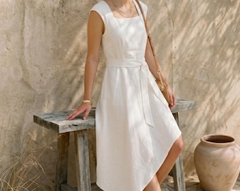 Customizable Linen Midi Dress, Square Neck, Asymmetric Hem, Handmade Clothing