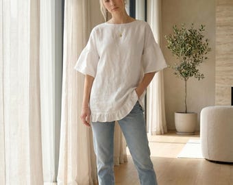 Linen Top Ruffle Sleeves, Minimalist Summer Blouse, Custom Made Natural Linen