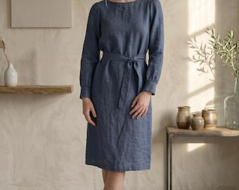 Boatneck Linen Midi Dress, Long Sleeve, Belted, Sustainable, Custom Fit