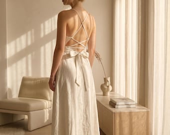 Linen Midi Dress, Lace Up Back, Customizable Summer Sundress, Handmade Clothing