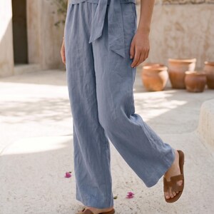 100% Natural Linen Wrap Top and Wide Leg Pants Set, Custom Fit Resort Wear image 3