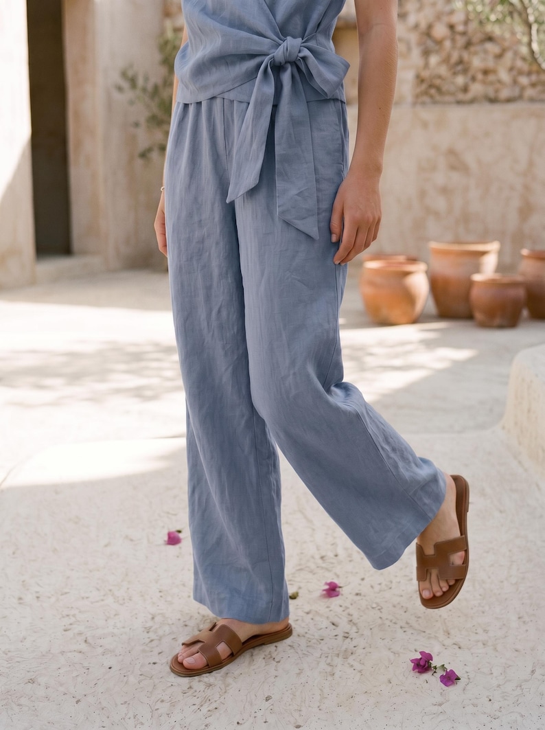 100% Natural Linen Wrap Top and Wide Leg Pants Set, Custom Fit Resort Wear image 3