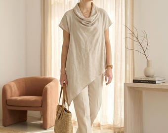 Linen Tunic and Pants Set, Cowl Neck Summer Co-ord, Minimalist Custom Fit