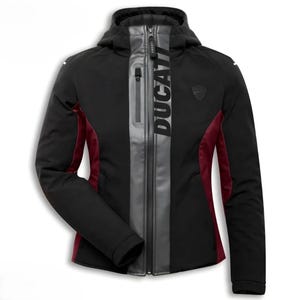 May include: A black hooded jacket featuring a vertical grey panel along the front zipper with the word DUCATI printed in black. The jacket includes dark red side panels, a small chest pocket with a zipper, and a black Ducati logo on the chest.