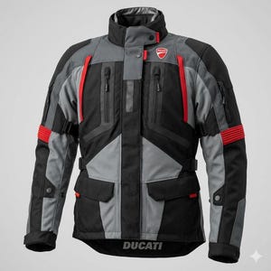 May include: A black, grey, and red motorcycle jacket with the Ducati logo. The jacket has multiple pockets, a high collar, and red accents on the sleeves and chest. The word "Ducati" is printed at the bottom.