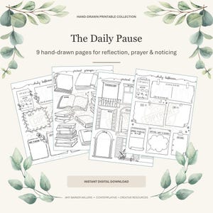 May include: A collection of nine hand-drawn printable journal pages titled The Daily Pause, featuring black and white line art illustrations of books, windows, and reflection prompts, framed by watercolour eucalyptus leaves on a cream background.