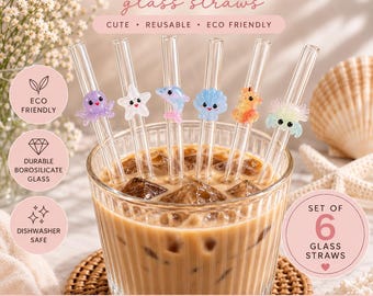 Sea Life böjda glas sugrör | Söta återanvändbara sugrör | Tillbehör till iskaffe | Miljövänligt | Present till kaffeälskare | Set om 6
