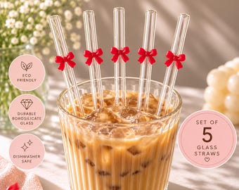 Red Bow Glass Bent Straws | Set of 5 | Cute Straws | Reusable Iced Coffee Straws | Gift