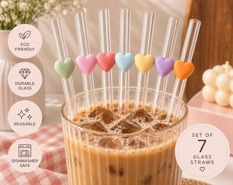 Pastellfärgade hjärtformade böjda sugrör i glas | Set med 7 | Söta återanvändbara sugrör | Iskaffesugrör | Färgglada sugrör i glas | Estetisk present