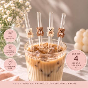 Gebogene Glasstrohhalme in Teddybärform | 4er-Set | Umweltfreundliches Geschenk