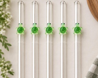 Turtle Glass Bent Straws | Set of 5 | Cute Reusable Straws | Iced Coffee Straws | Sea Turtle Gift | Aesthetic Glass Drinkware