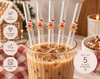 Pepparkaksgubben böjda sugrör i glas | Set om 5 | Julglassugrör | Söta återanvändbara sugrör | Iskaffesugrör | Julklapp