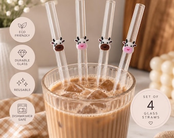 Böjda sugrör i glas av ko | Set om 4 | Söta återanvändbara sugrör | Sugrör för iskaffe | Gåva till koälskare | Estetiskt glasglas