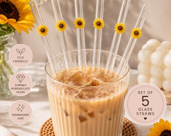 Böjda sugrör i glas med solrosmotiv | Söta återanvändbara sugrör | Tillbehör till iskaffe | Set med blommiga sugrör i glas | Present till kaffeälskare | Set om 5